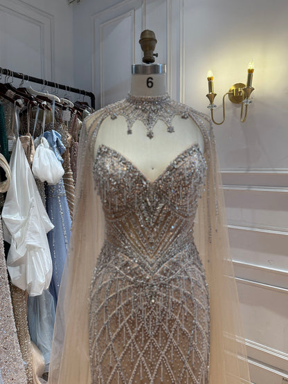 Luxury Nude High Neck Crystal Beaded Cape Sleeves Mermaid Dress LA73908 SERENE HILL