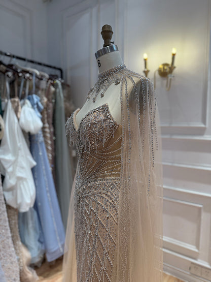 Luxury Nude High Neck Crystal Beaded Cape Sleeves Mermaid Dress LA73908 SERENE HILL