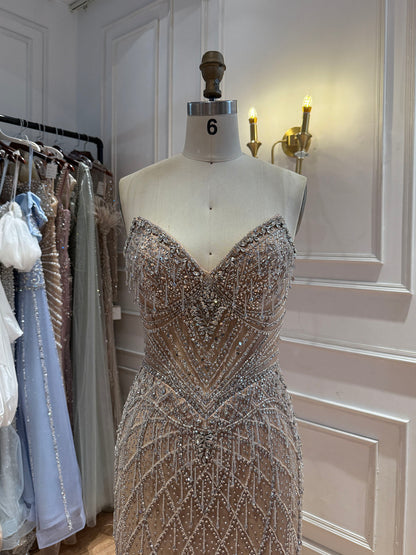 Luxury Nude High Neck Crystal Beaded Cape Sleeves Mermaid Dress LA73908 SERENE HILL