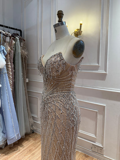 Luxury Nude High Neck Crystal Beaded Cape Sleeves Mermaid Dress LA73908 SERENE HILL