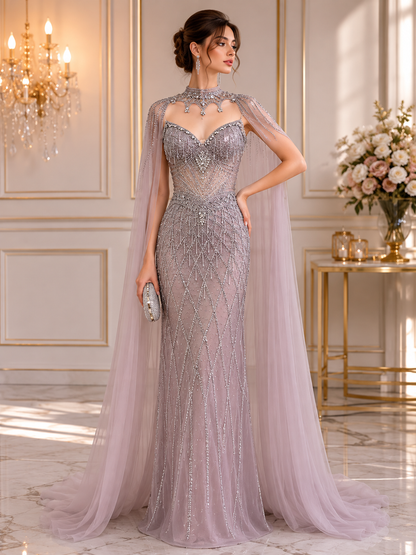 Luxury Nude High Neck Crystal Beaded Cape Sleeves Mermaid Dress LA73908 SERENE HILL