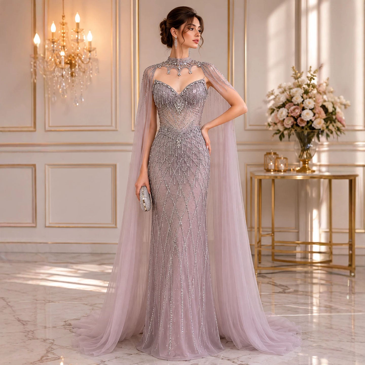 Luxury Nude High Neck Crystal Beaded Cape Sleeves Mermaid Dress LA73908 SERENE HILL