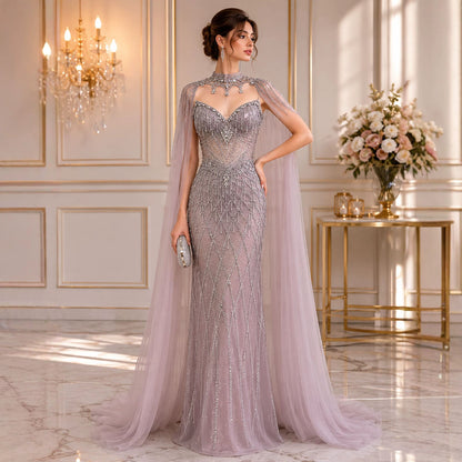 Luxury Nude High Neck Crystal Beaded Cape Sleeves Mermaid Dress LA73908 SERENE HILL