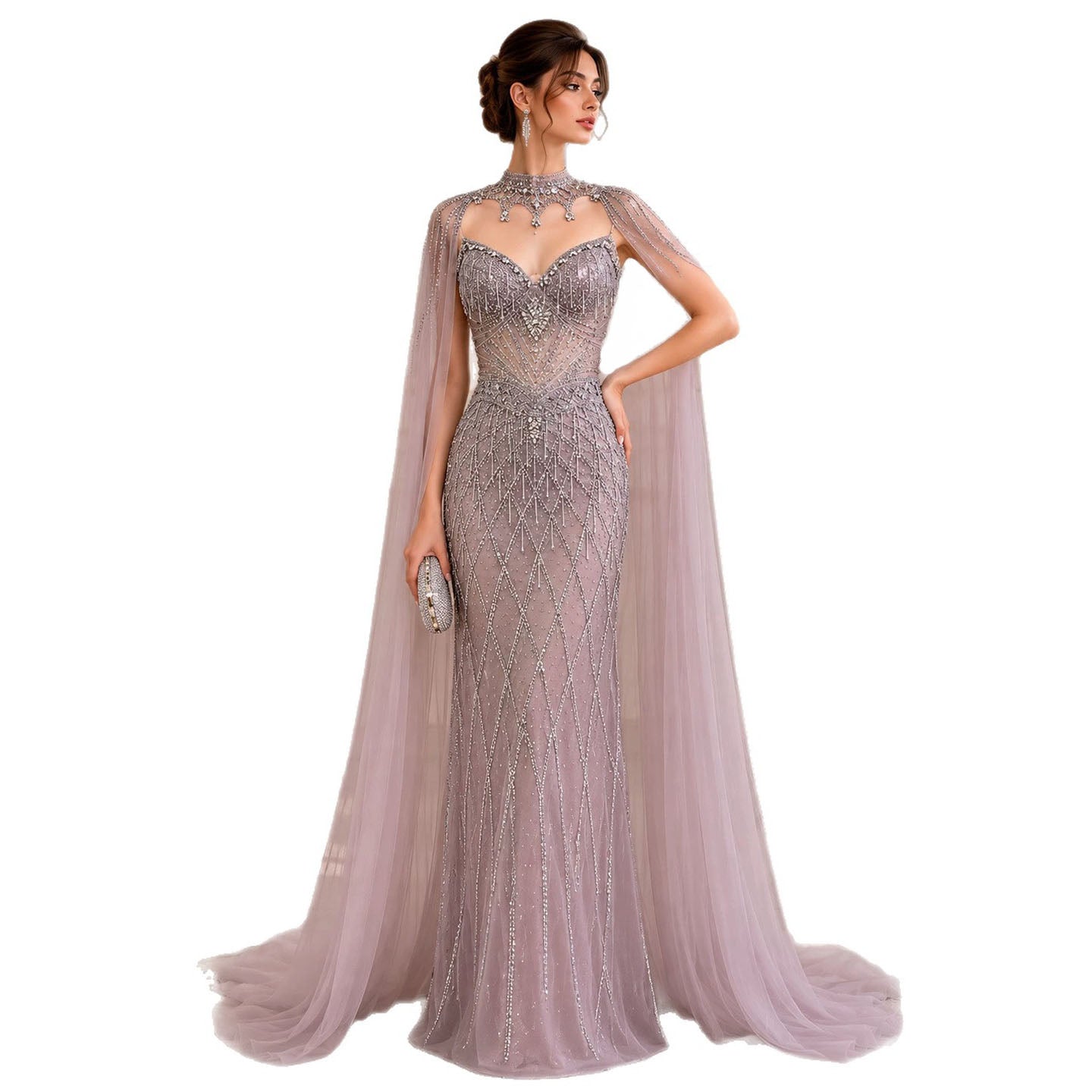 Luxury Nude High Neck Crystal Beaded Cape Sleeves Mermaid Dress LA73908 SERENE HILL