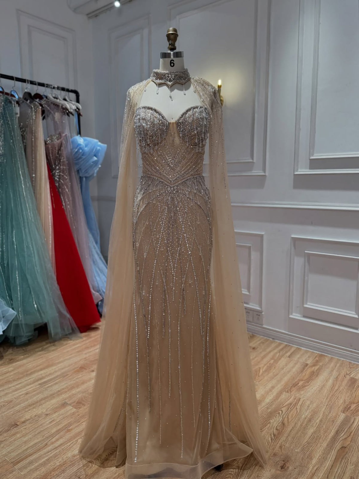 Luxury Nude Crystal Beaded Tassel Mermaid Evening Dress LA73908A