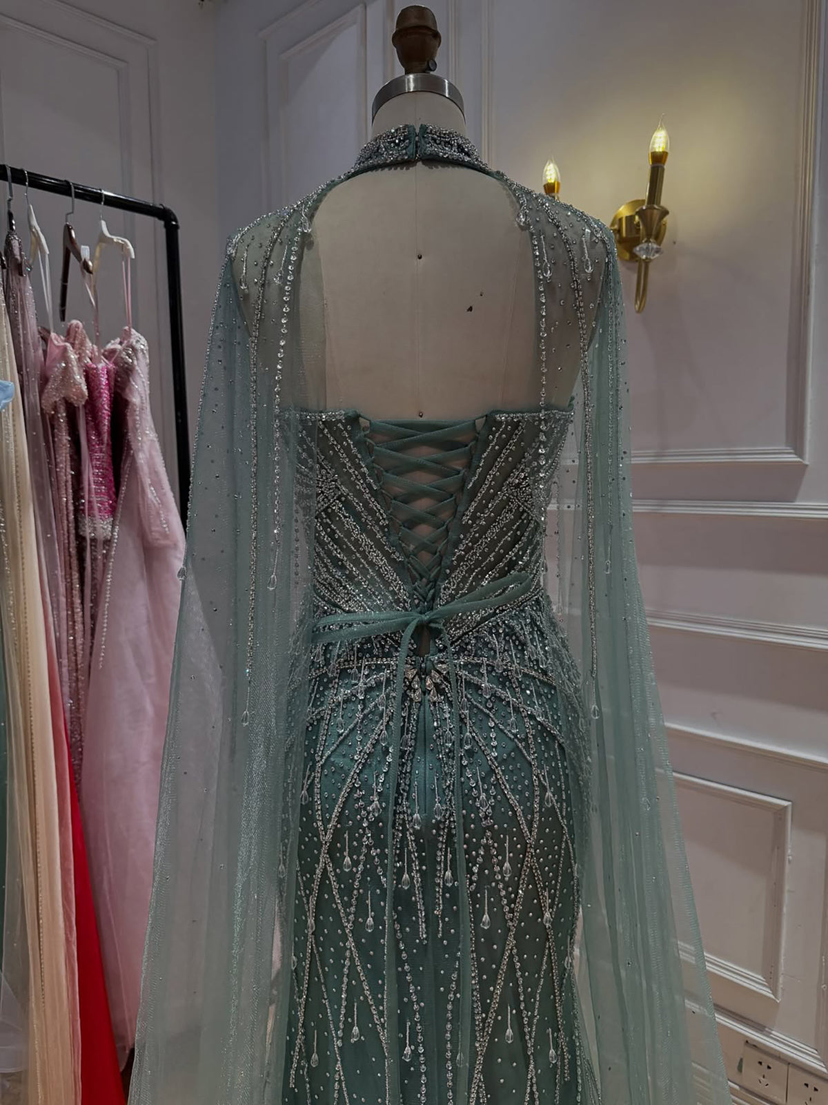 Luxury Nude Crystal Beaded Tassel Mermaid Evening Dress LA73908A