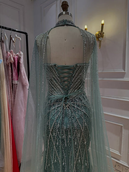 Luxury Nude Crystal Beaded Tassel Mermaid Evening Dress LA73908A
