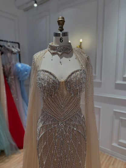 Luxury Nude Crystal Beaded Tassel Mermaid Evening Dress LA73908A