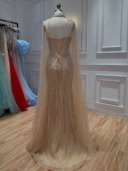 Luxury Nude Crystal Beaded Tassel Mermaid Evening Dress LA73908A