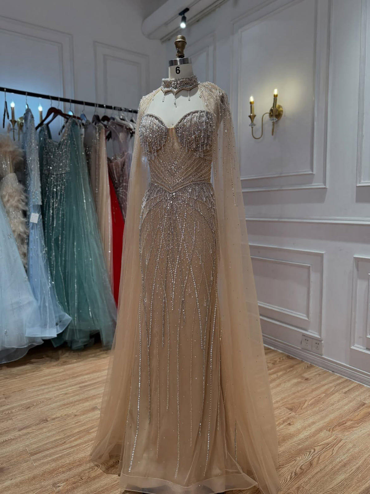Luxury Nude Crystal Beaded Tassel Mermaid Evening Dress LA73908A