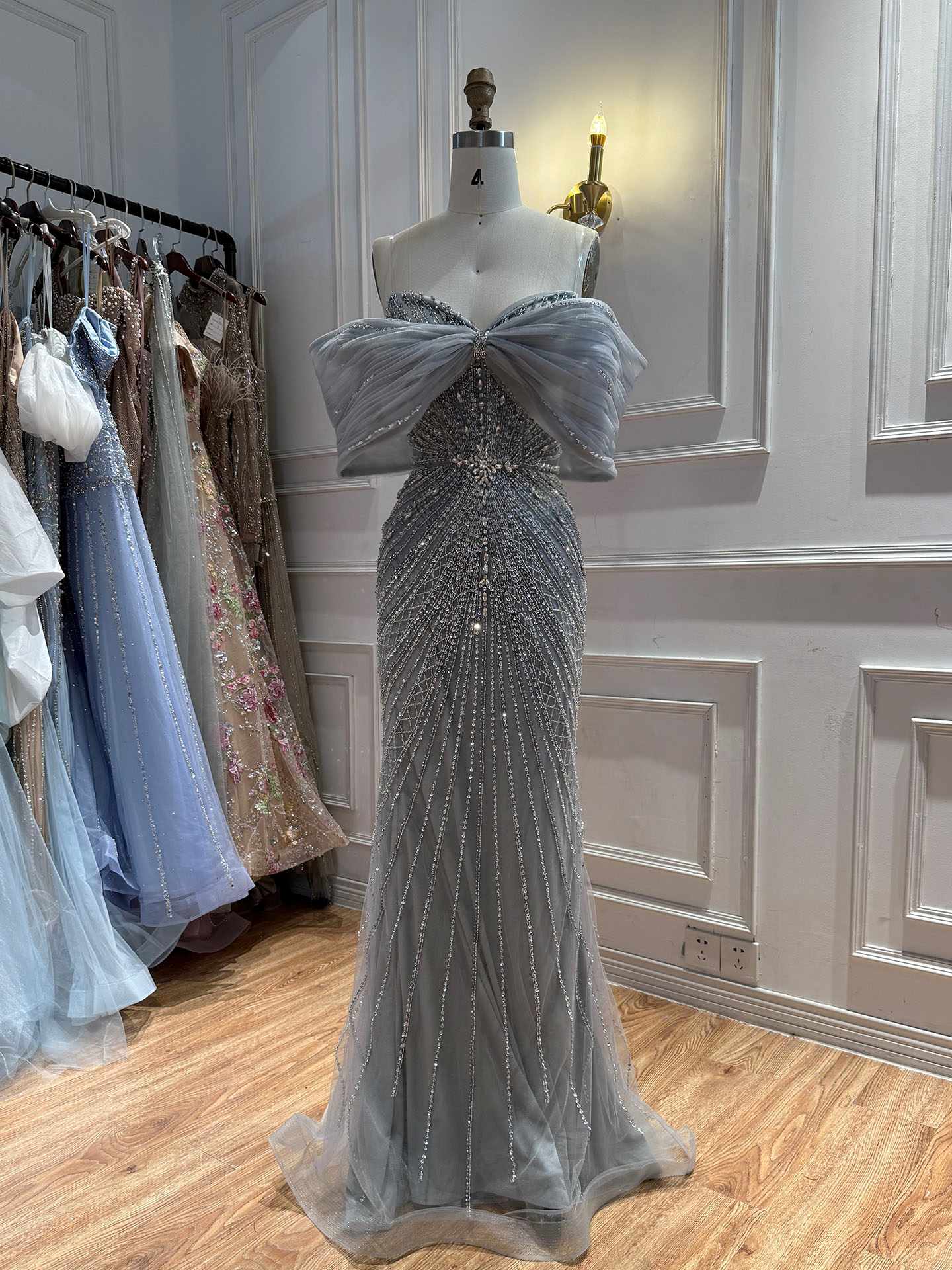 Luxury Nude Off Shoulder Crystal Beaded Mermaid Evening Dress LA73910 SERENE HILL