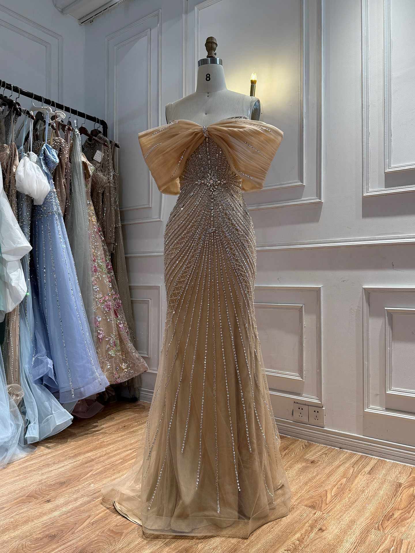Luxury Nude Off Shoulder Crystal Beaded Mermaid Evening Dress LA73910 SERENE HILL