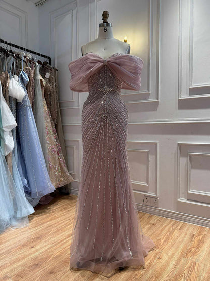Luxury Nude Off Shoulder Crystal Beaded Mermaid Evening Dress LA73910 SERENE HILL