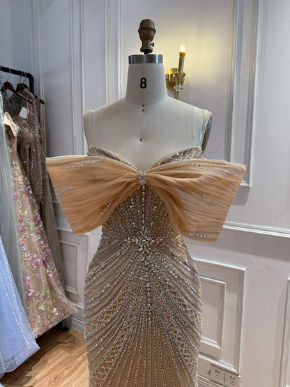 Luxury Nude Off Shoulder Crystal Beaded Mermaid Evening Dress LA73910 SERENE HILL