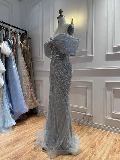 Luxury Nude Off Shoulder Crystal Beaded Mermaid Evening Dress LA73910 SERENE HILL