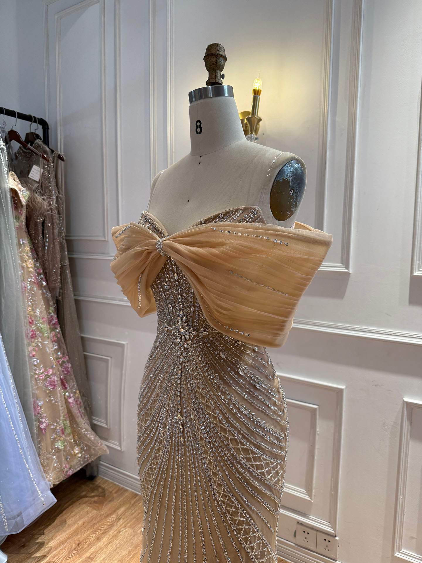 Luxury Nude Off Shoulder Crystal Beaded Mermaid Evening Dress LA73910 SERENE HILL