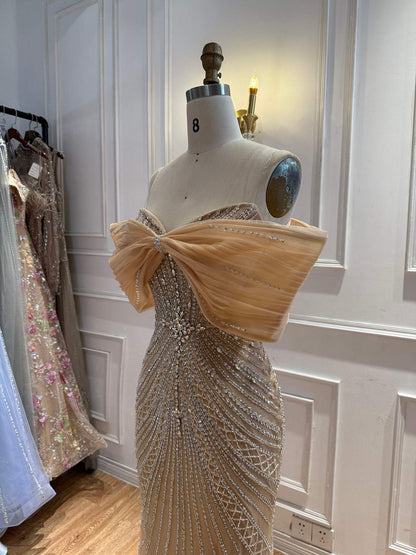 Luxury Nude Off Shoulder Crystal Beaded Mermaid Evening Dress LA73910 SERENE HILL