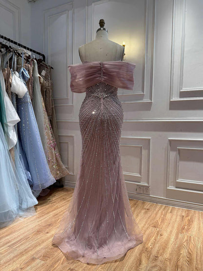 Luxury Nude Off Shoulder Crystal Beaded Mermaid Evening Dress LA73910 SERENE HILL