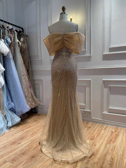 Luxury Nude Off Shoulder Crystal Beaded Mermaid Evening Dress LA73910 SERENE HILL