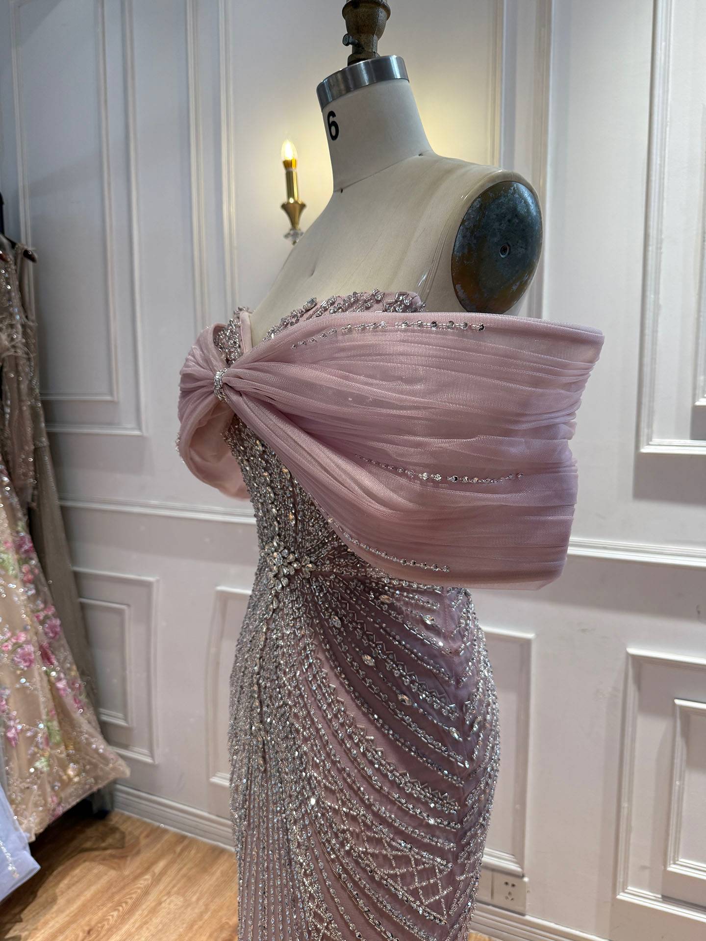 Luxury Nude Off Shoulder Crystal Beaded Mermaid Evening Dress LA73910 SERENE HILL