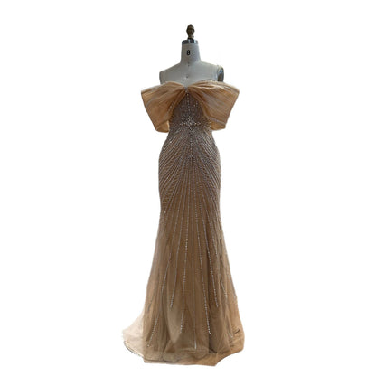 Luxury Nude Off Shoulder Crystal Beaded Mermaid Evening Dress LA73910 SERENE HILL
