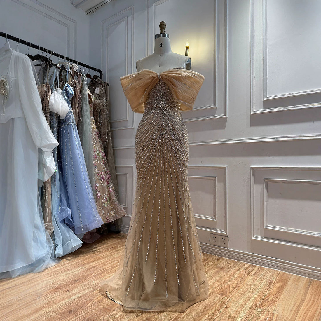 Luxury Nude Off Shoulder Crystal Beaded Mermaid Evening Dress LA73910 SERENE HILL