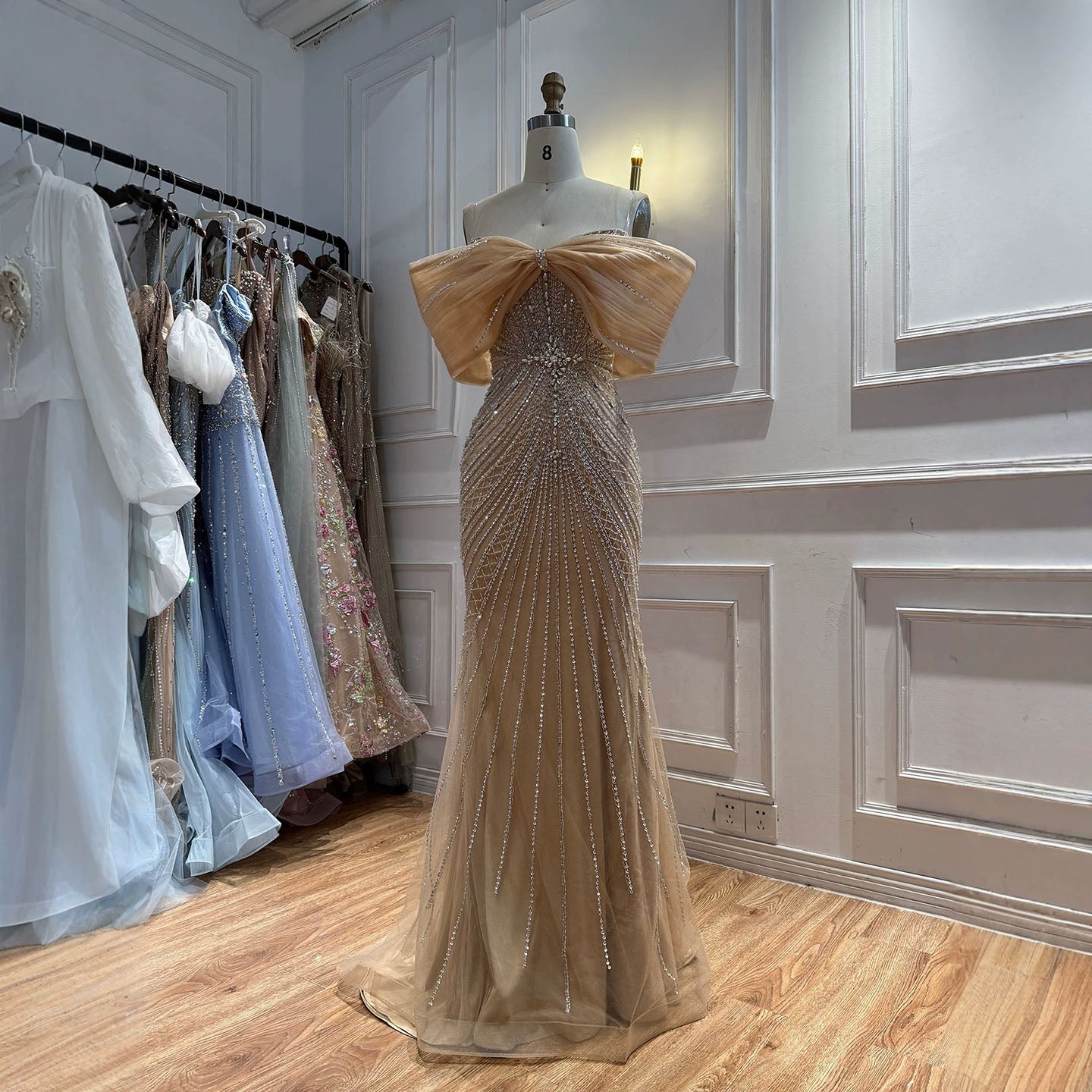 Luxury Nude Off Shoulder Crystal Beaded Mermaid Evening Dress LA73910 SERENE HILL