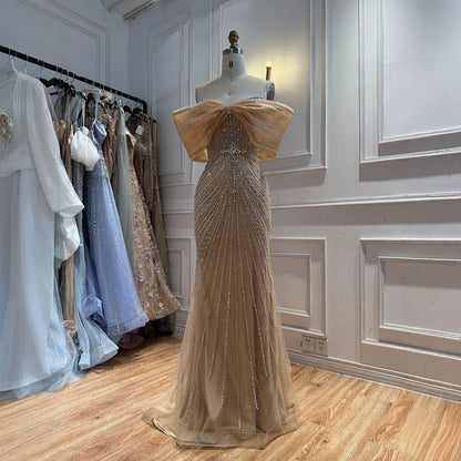 Luxury Nude Off Shoulder Crystal Beaded Mermaid Evening Dress LA73910 SERENE HILL