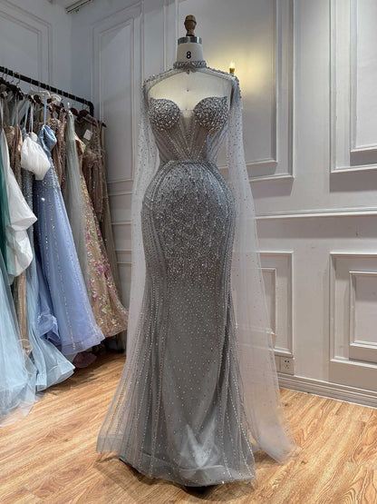 Luxury Nude High Neck Crystal Beaded Mermaid Cape Sleeves LA73911 SERENE HILL