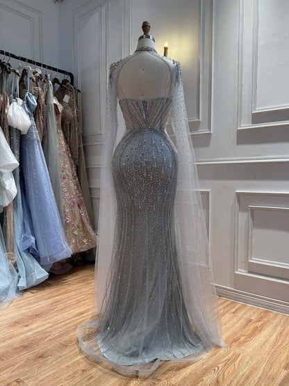 Luxury Nude High Neck Crystal Beaded Mermaid Cape Sleeves LA73911 SERENE HILL
