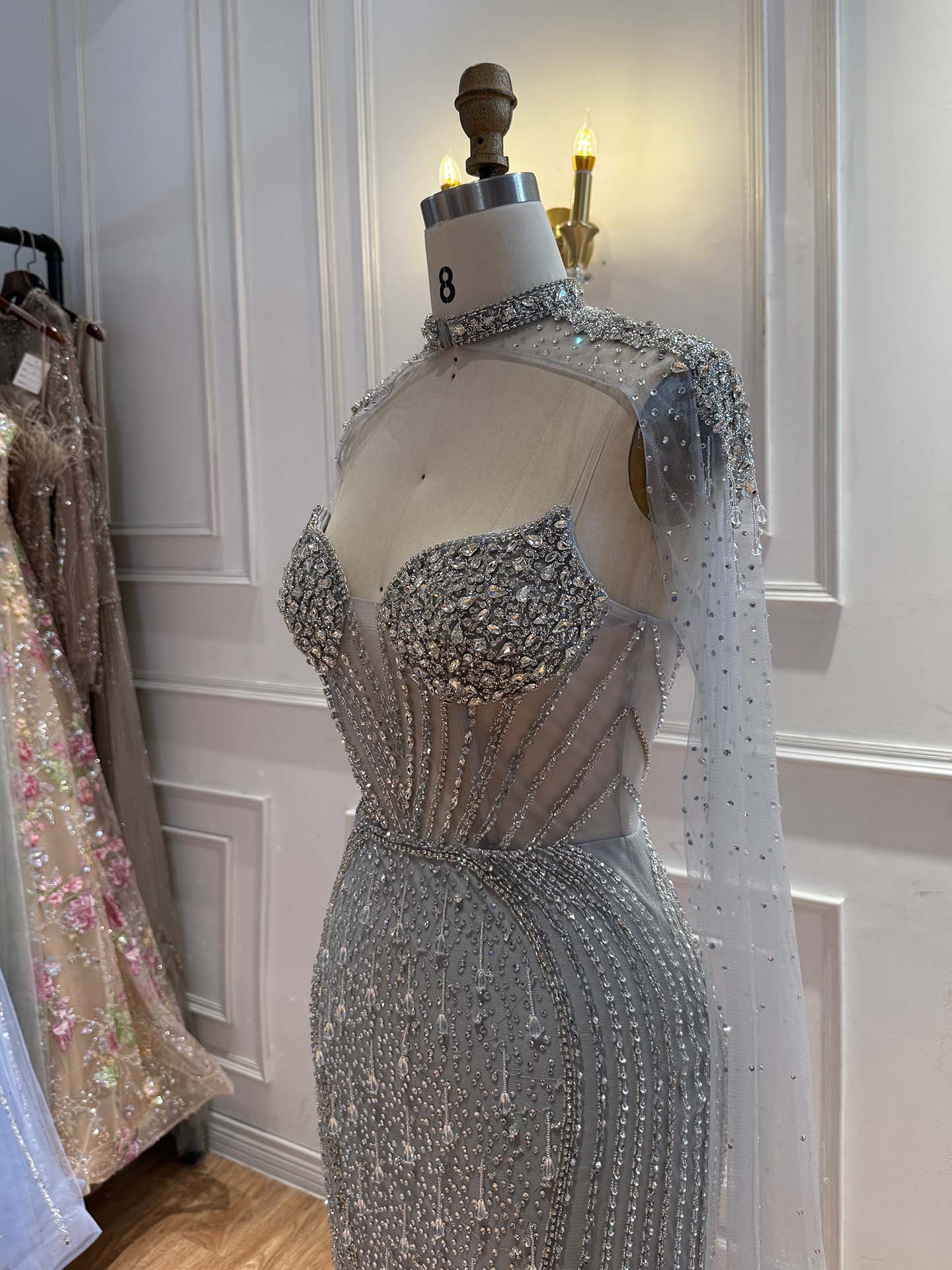 Luxury Nude High Neck Crystal Beaded Mermaid Cape Sleeves LA73911 SERENE HILL