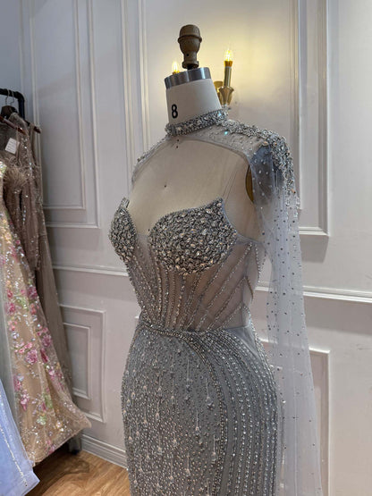 Luxury Nude High Neck Crystal Beaded Mermaid Cape Sleeves LA73911 SERENE HILL
