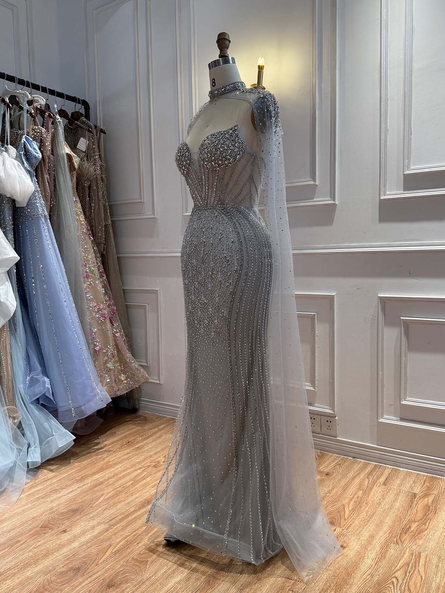 Luxury Nude High Neck Crystal Beaded Mermaid Cape Sleeves LA73911 SERENE HILL