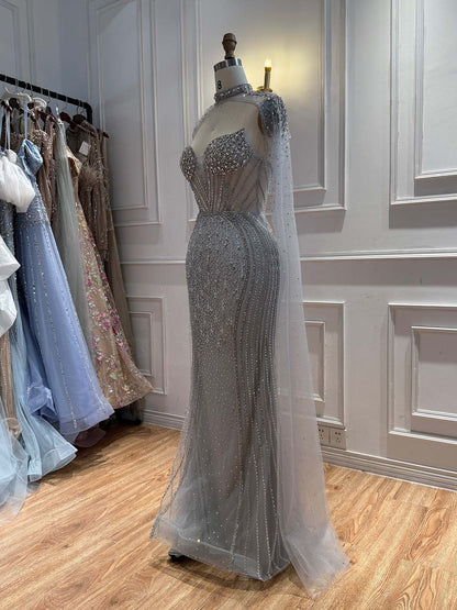 Luxury Nude High Neck Crystal Beaded Mermaid Cape Sleeves LA73911 SERENE HILL