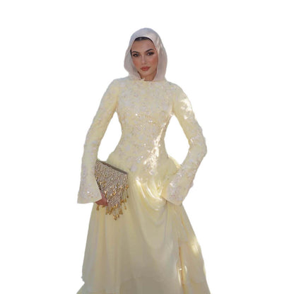 Luxury Yellow Muslim 3D Floral Beaded A Line Evening Dress LA73911 SERENE HILL