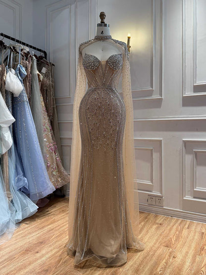 Luxury Nude High Neck Crystal Beaded Mermaid Cape Sleeves LA73911 SERENE HILL
