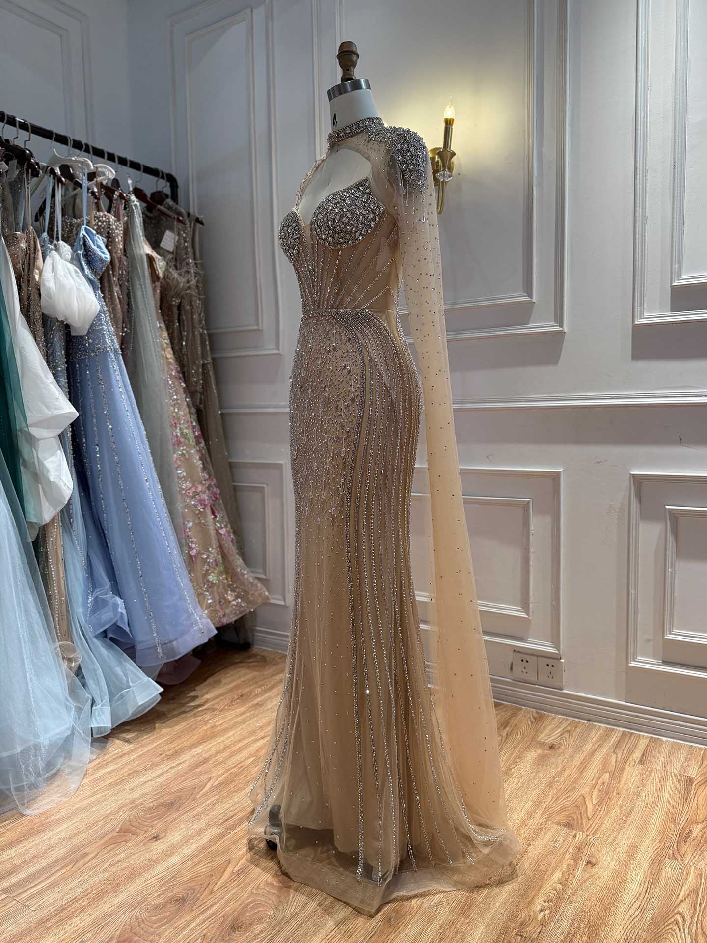 Luxury Nude High Neck Crystal Beaded Mermaid Cape Sleeves LA73911 SERENE HILL