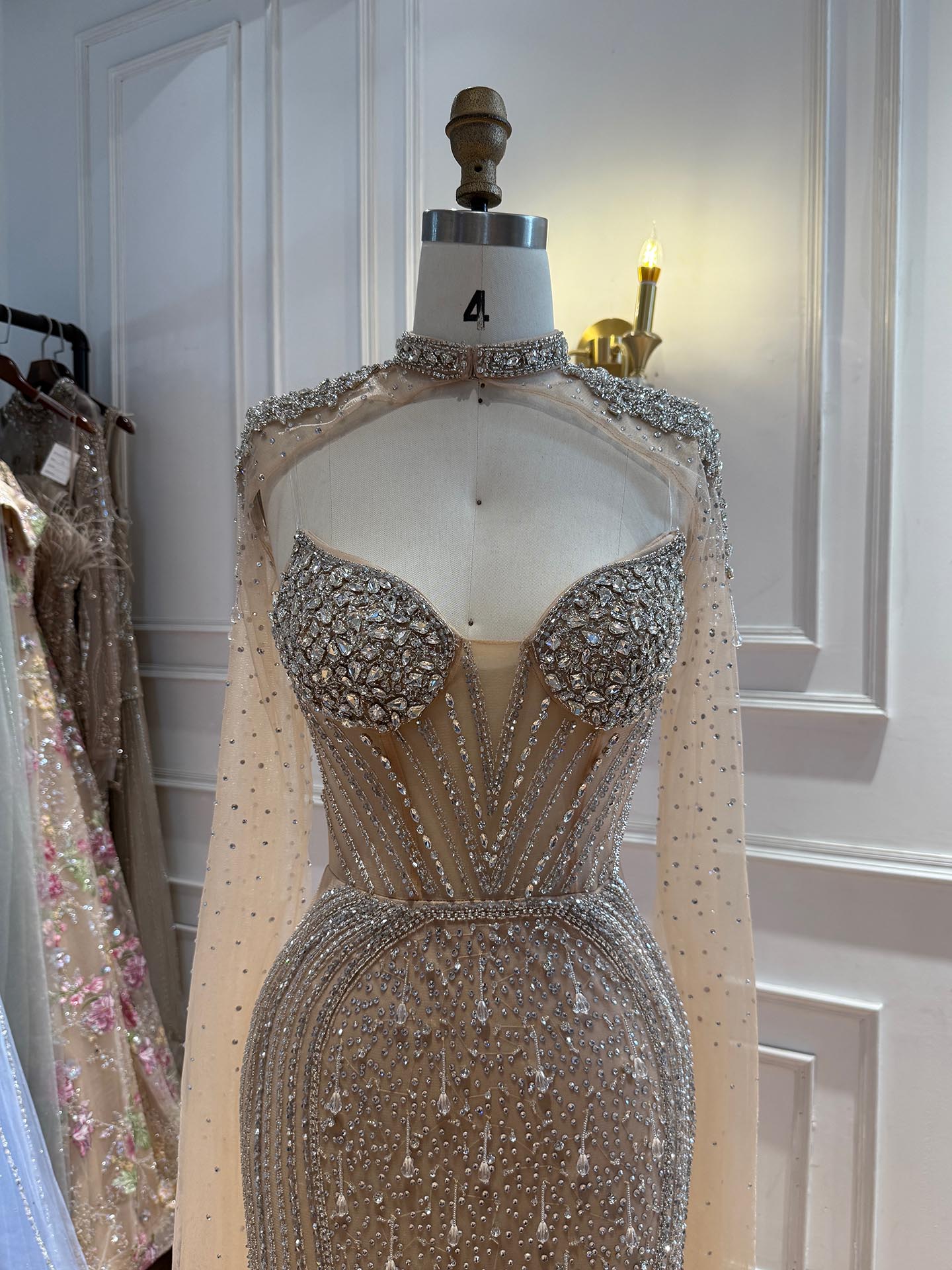 Luxury Nude High Neck Crystal Beaded Mermaid Cape Sleeves LA73911 SERENE HILL
