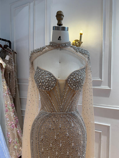 Luxury Nude High Neck Crystal Beaded Mermaid Cape Sleeves LA73911 SERENE HILL