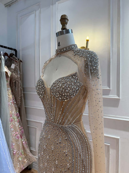 Luxury Nude High Neck Crystal Beaded Mermaid Cape Sleeves LA73911 SERENE HILL