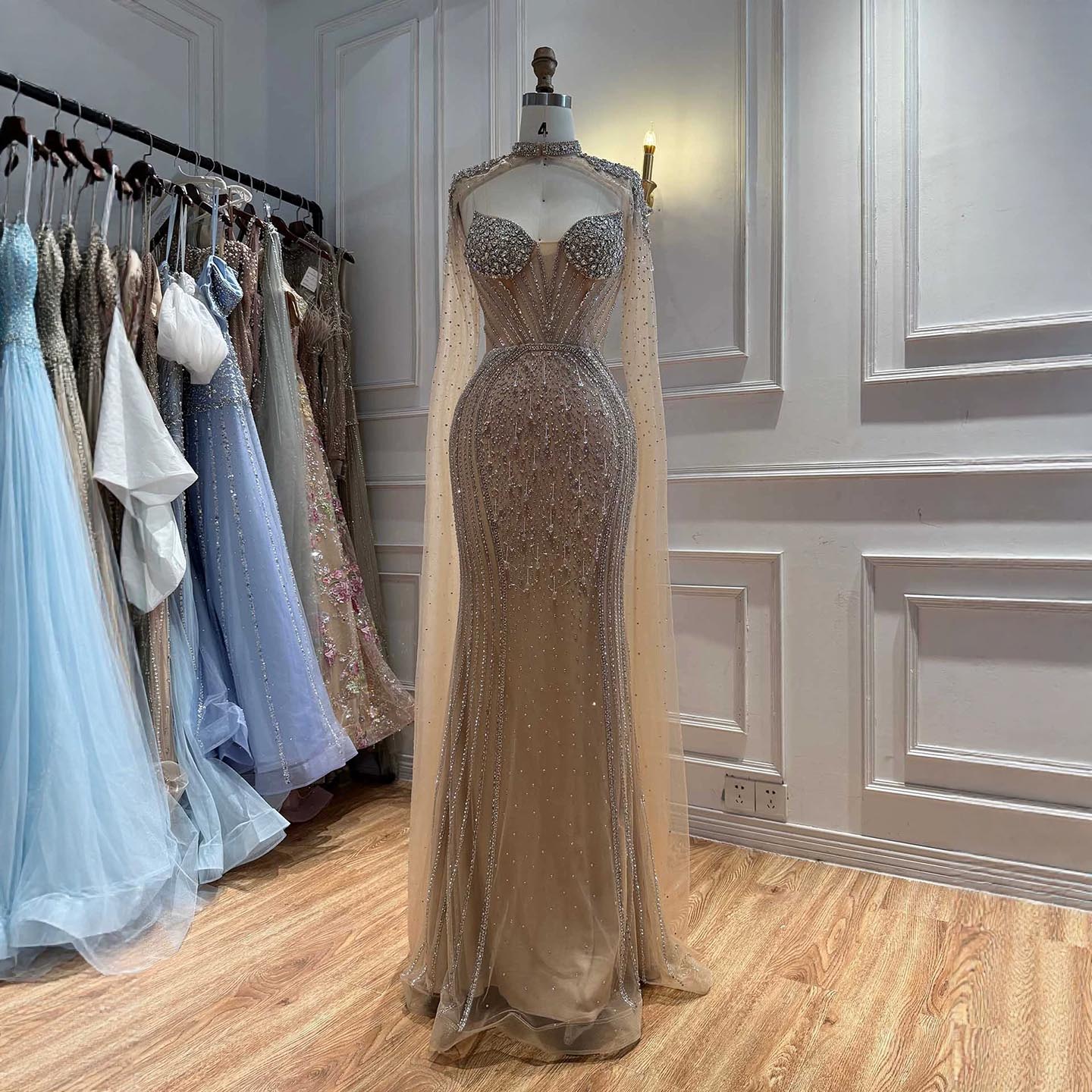 Luxury Nude High Neck Crystal Beaded Mermaid Cape Sleeves LA73911 SERENE HILL