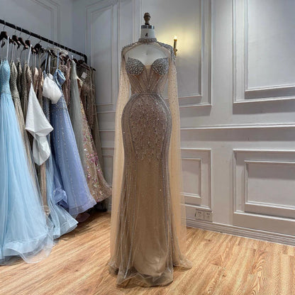 Luxury Nude High Neck Crystal Beaded Mermaid Cape Sleeves LA73911 SERENE HILL