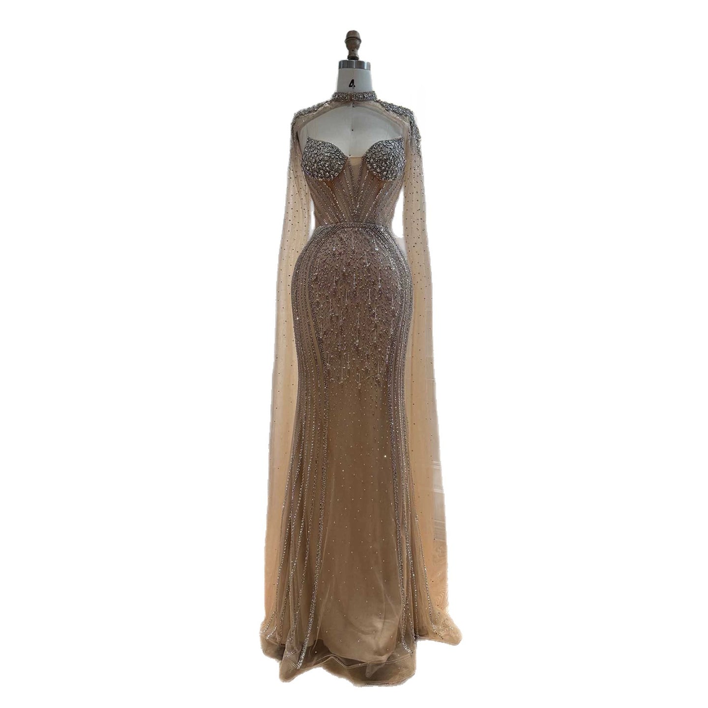 Luxury Nude High Neck Crystal Beaded Mermaid Cape Sleeves LA73911 SERENE HILL