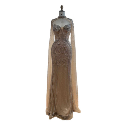 Luxury Nude High Neck Crystal Beaded Mermaid Cape Sleeves LA73911 SERENE HILL