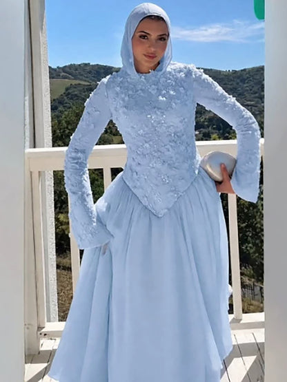 Luxury Pink High Neck 3D Floral Long Sleeve Muslim Wedding Dress LA73911