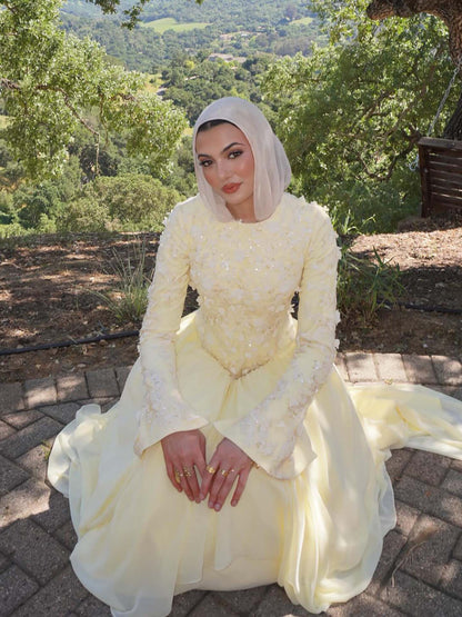 Luxury Yellow Muslim 3D Floral Beaded A Line Evening Dress LA73911 SERENE HILL