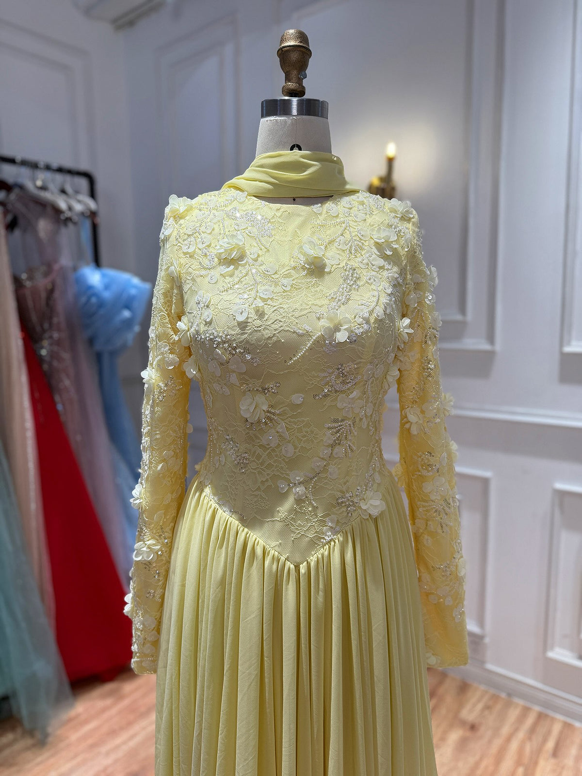 Luxury Pink High Neck 3D Floral Long Sleeve Muslim Wedding Dress LA73911