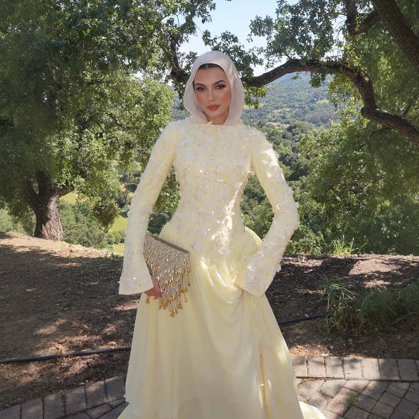 Luxury Yellow Muslim 3D Floral Beaded A Line Evening Dress LA73911 SERENE HILL
