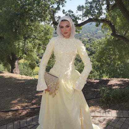 Luxury Yellow Muslim 3D Floral Beaded A Line Evening Dress LA73911 SERENE HILL