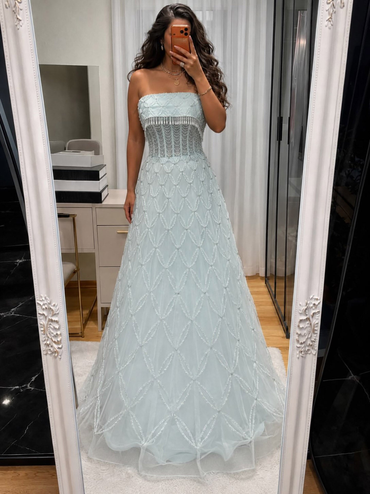 Luxury White Strapless Tassel Beaded A Line Wedding Dress LA73912